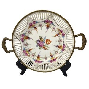 Vintage 1940s Schumann Bavaria Bronze Mounted‎ Porcelain Reticulated Floral Dish